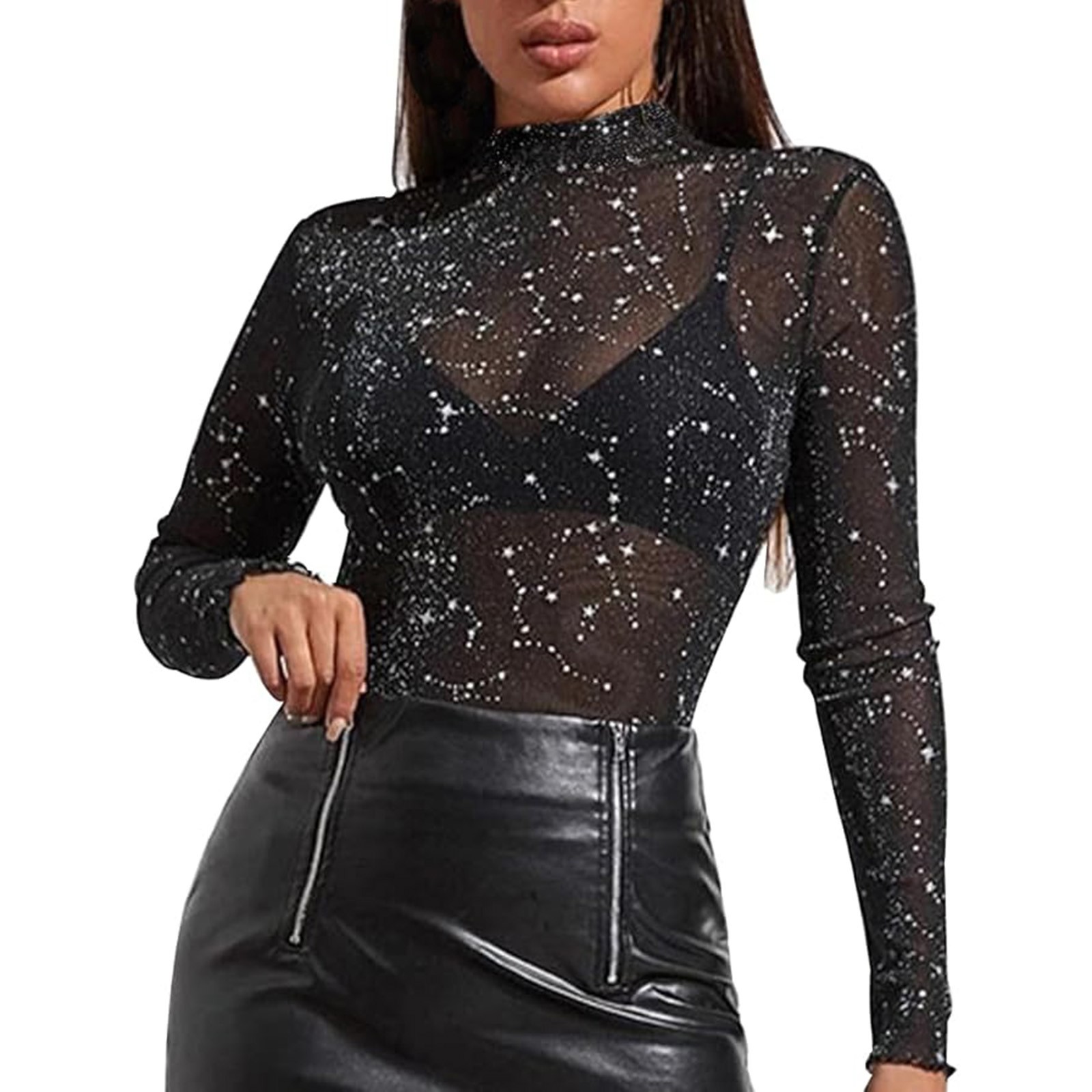 thumbnail image 1 of Blusa transparente de manga larga con malla brillante para mujer: top sexy transparente, cuello redondo, lavado a mano, 1 of 6